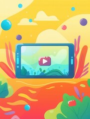 Aufkleber - A colorful digital illustration of a tablet device displaying video streaming, set against a vibrant background with organic shapes. Generative AI