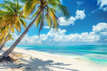 Wall Mural - A tropical white sand beach with coco palms and turquoise water on a Caribbean island.