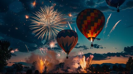 Wall Mural - The 4th of July marks Independence Day in the USA. Common symbols of America's freedom are hot air balloons, the White House, fireworks, stars, and the Statue of Liberty.