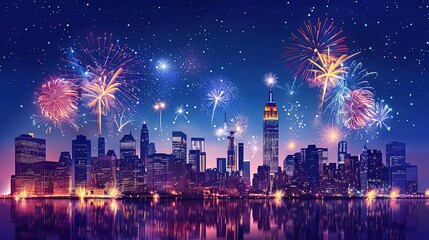 Sticker - Celebrate Independence Day with this banner! It features fireworks, a cityscape, and a blue background.