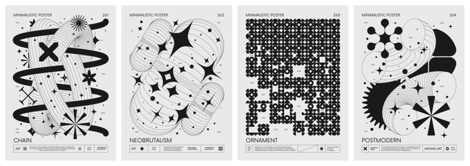 Poster - Brutalist style vector minimalistic Posters with silhouette basic figures, Retro futuristic graphic elements of geometrical shapes rave composition, Modern monochrome print artwork, set 66