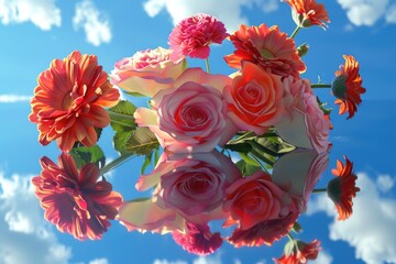 A bouquet of pink and orange flowers against a bright blue sky