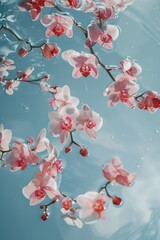 Wall Mural - A serene scene with pink flowers floating on the surface of calm water