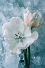 Poster - Fresh white flowers sit elegantly in a glass vase placed on a bed of ice, perfect for a winter wonderland scene or a rustic wedding centerpiece