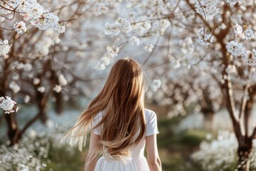 Poster - A woman in a white dress walks through a beautiful field of flowers