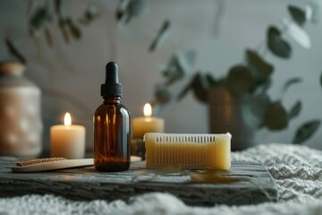 Wall Mural - A wooden table with a bottle of liquid and a comb placed on top, suitable for use in various settings such as still life photography or product presentation