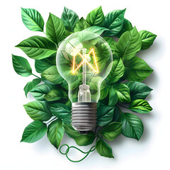 Wall Mural - green eco friendly lightbulb from fresh leaves top view, concept of renewable energy and sustainable living, created with  technology isolated on white background, png