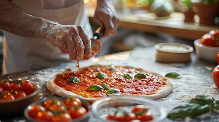 Wall Mural - Chef Preparing Fresh Homemade Pizza with Tomato and Basil Toppings