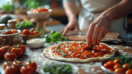 Wall Mural - Artisan Chef Preparing Fresh Homemade Margherita Pizza with Organic Ingredients in Rustic Kitchen