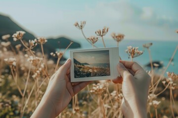 Wall Mural - A person holds up a Polaroid picture in front of the ocean, capturing a special moment