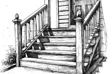 Wall Mural - A black and white illustration of a wooden staircase