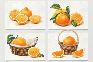 Wall Mural - Fresh oranges arranged in a woven basket surrounded by lush green leaves, ideal for food and wellness concepts