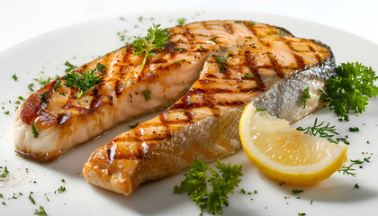 Wall Mural - Baked or fried salmon with lemon and spices on white background