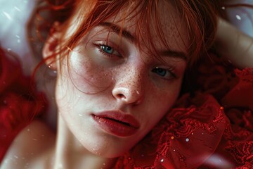 Wall Mural - A woman's face with bright red hair and a matching dress, shot from a close angle