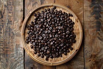 Poster - A bowl of fresh coffee beans sits on a rustic wooden table, perfect for use as a prop in still life photography or as a decorative element in interior design