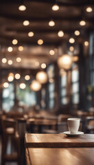 Wall Mural - Blurred coffee shop and restaurant interior background with empty wooden table Use for products