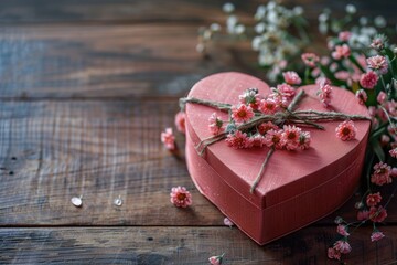 Wall Mural - A small, pink heart-shaped box filled with fresh flowers sitting on a wooden table