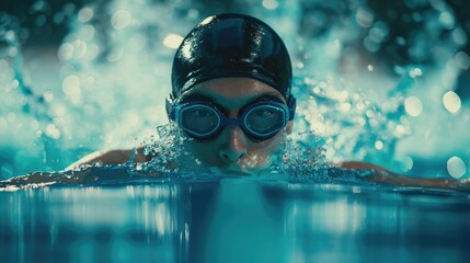 Wall Mural - Male athlete swimmer wearing swimming goggles swimming in a pool. Concept of sports swimming  
