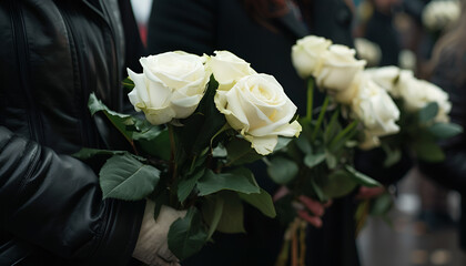 Wall Mural - People in black clothes with white rose flowers outdoors, closeup. Funeral ceremony