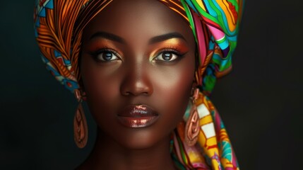 Wall Mural - A woman in a colorful headwrap with gold makeup and jewelry, showcasing her vibrant cultural style