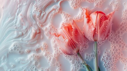Wall Mural - Two pink tulips sit on a white surface, ready for decoration or arrangement