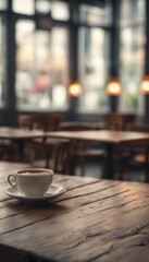 Wall Mural - Empty old wood table top and blurred bokeh cafe and coffee shop interior background with vintage