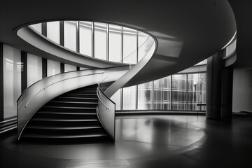 Poster - A spiral staircase is the main focus of the image. The staircase is surrounded by a large, open space with a lot of windows, which creates a sense of openness and lightness