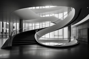 Poster - A spiral staircase in a building with a glass railing. The staircase is made of glass and is very long
