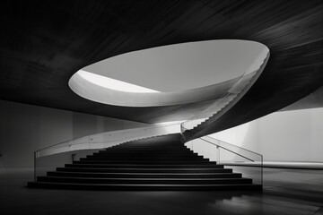 Poster - A spiral staircase is the main focus of the image. The staircase is surrounded by a dark room, which creates a sense of mystery and intrigue. The staircase appears to be a part of a larger structure