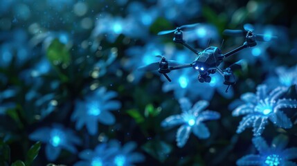 Detailed view of a drone pollinating a futuristic tree with bioluminescent flowers, with copy space