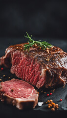 Fresh raw marbled beef rib eye steak and spices on black stone background copy space