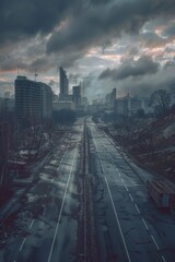 Poster - A train travels along the tracks near tall buildings in the city