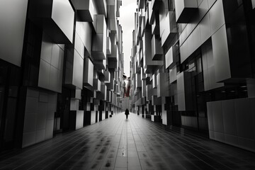 Poster - A man walks down a long, narrow hallway with many windows. The hallway is empty and the man is the only person in the scene. Scene is somber and lonely