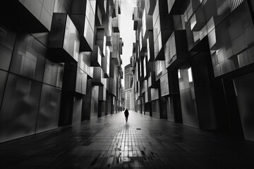 Poster - A man walks down a long, empty street in a city. The street is lined with tall buildings, and the sky is cloudy. The man is wearing a backpack and he is in a hurry. The scene is quiet