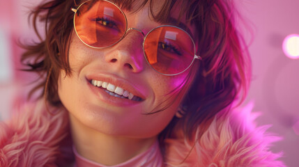 Poster - Gorgeous short-haired girl in sunglasses dancing on purple background with happy smile. Laughing female model in elegant fur coat posing in studio with little handbag