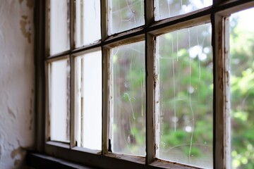 Poster - A window with a view of trees and a cloudy sky. The window is dirty and has a few scratches on it