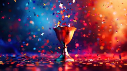 A gleaming gold chalice sits on a stage illuminated by vibrant lights, confetti raining down from the heavens