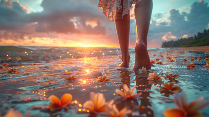 Wall Mural - Girl wearing floral maxi skirt walking barefoot on the sea shore, Thailand, Phuket. Bohemian clothing style