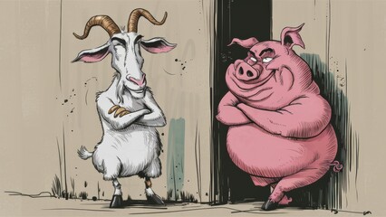 Wall Mural - A cartoon goat and pig standing next to each other with horns, AI