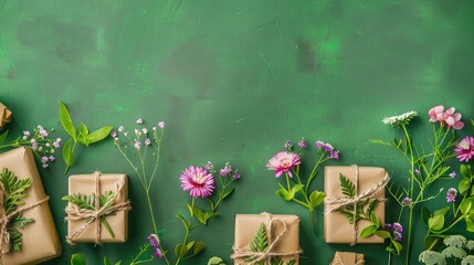 Floral themed gift boxes on green background flat lay with copy space