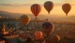 © gearstd - Multiple hot air balloons gently floating over a picturesque European town with historical architecture, surrounded by natural rock formations and lit by the warm glow of the setting sun.