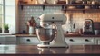 © worawut - A kitchen mixer sat on the table in front of a coffee machine against a kitchen background for product photography Natural light and a professional color grade created soft shadows