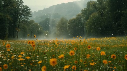 Wall Mural - rain falling on a field of yellow wildflowers in a wooded area