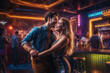 © bluebeat76 - Young couple is dancing salsa at a bar, surrounded by friends having drinks