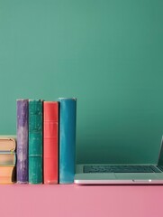 Aufkleber - A close-up image of a laptop with a stack of colorful books in front of it. This image represents modern learning with traditional books and digital tools. Generative AI
