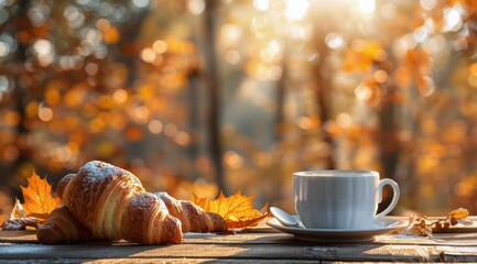 Coffee and Croissants on a Fall Morning Table