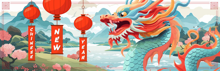 Wall Mural - Happy Chinese New Year 2025 horizontal art banner. China mythical serpent zodiac sign on nature background. Asian culture festive greeting card. Oriental traditional holiday. Creative typography print