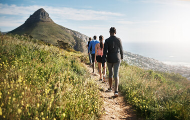 people, back or hiking for countryside adventure, fitness and exercise in green environment. group, 