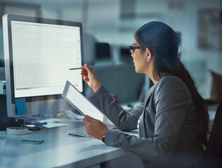 computer screen, night and web development with woman at desk in office for coding or programming. i