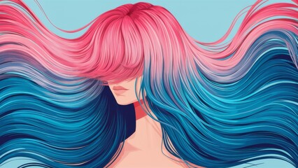 A woman with long pink and blue hair in a cartoon style, AI